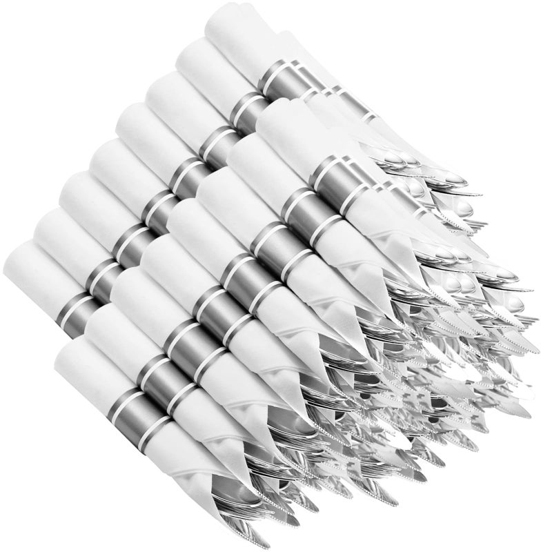 Joyido 400PCS Pre Rolled Silver Plastic Silverware Sets Heavy Duty Fancy Silver Cutlery Include 100 Pack Wrapped Disposable Utensils with Napkins for Parties Dinners Weddings